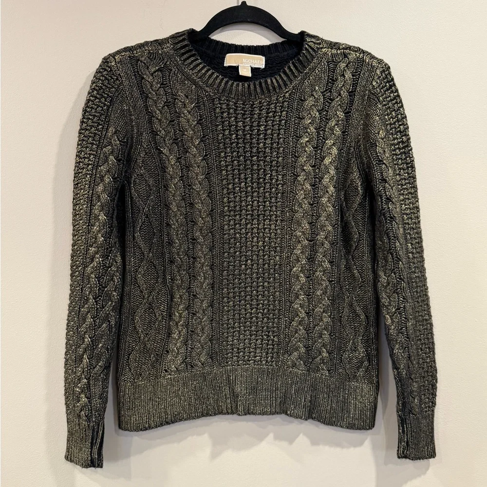 🔥Michael Kors Women’s Shimmer Gold and Black Cable Knit Sweater Sz M EUC🔥